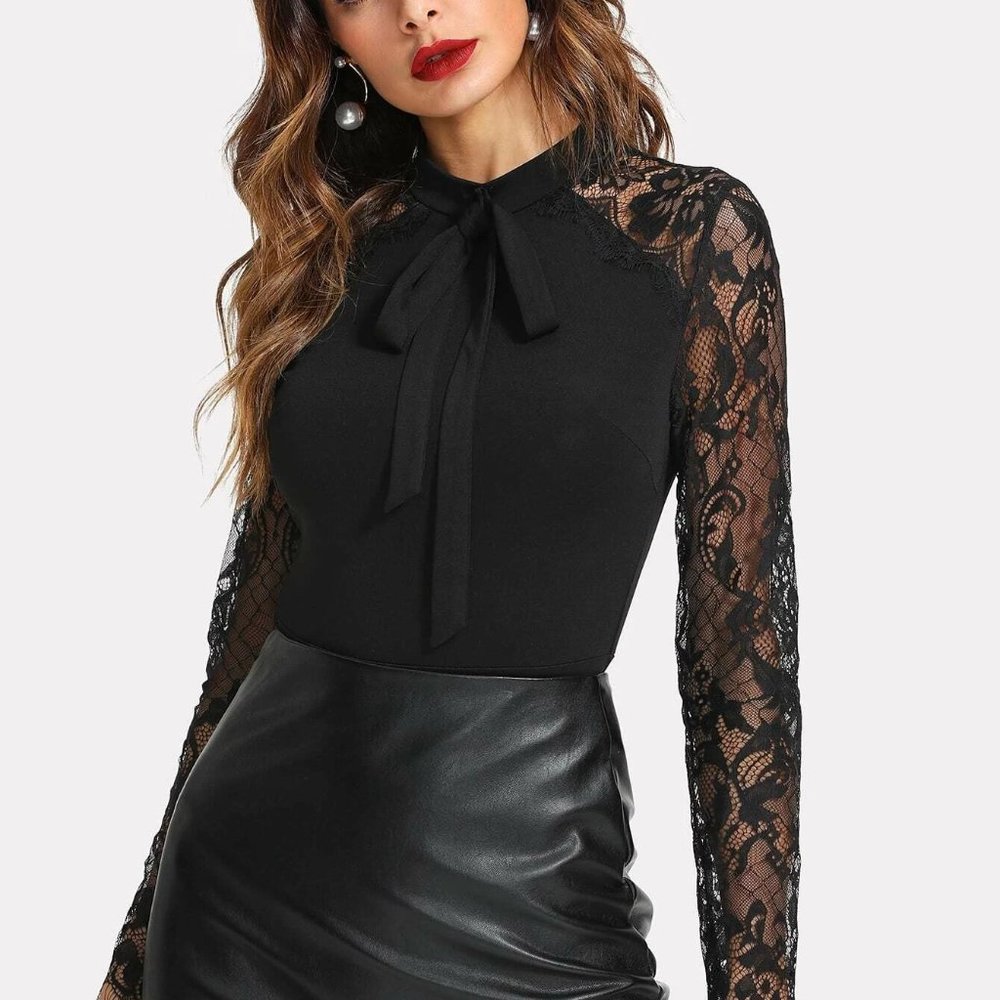 Black Tie necklace panel sleeve bodysuit